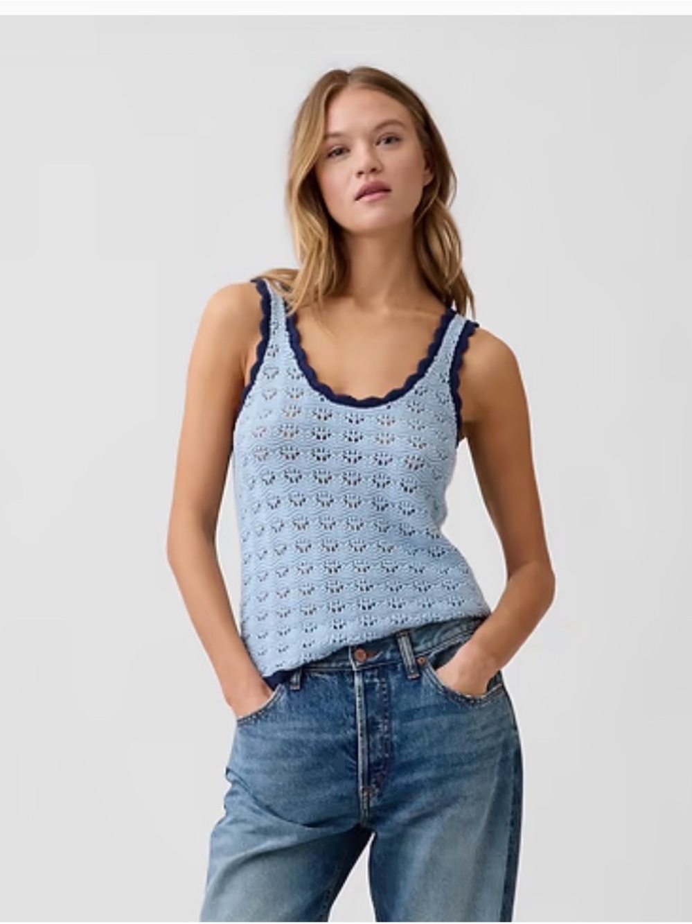 GAP Light Blue Crochet Tank with Navy Trim